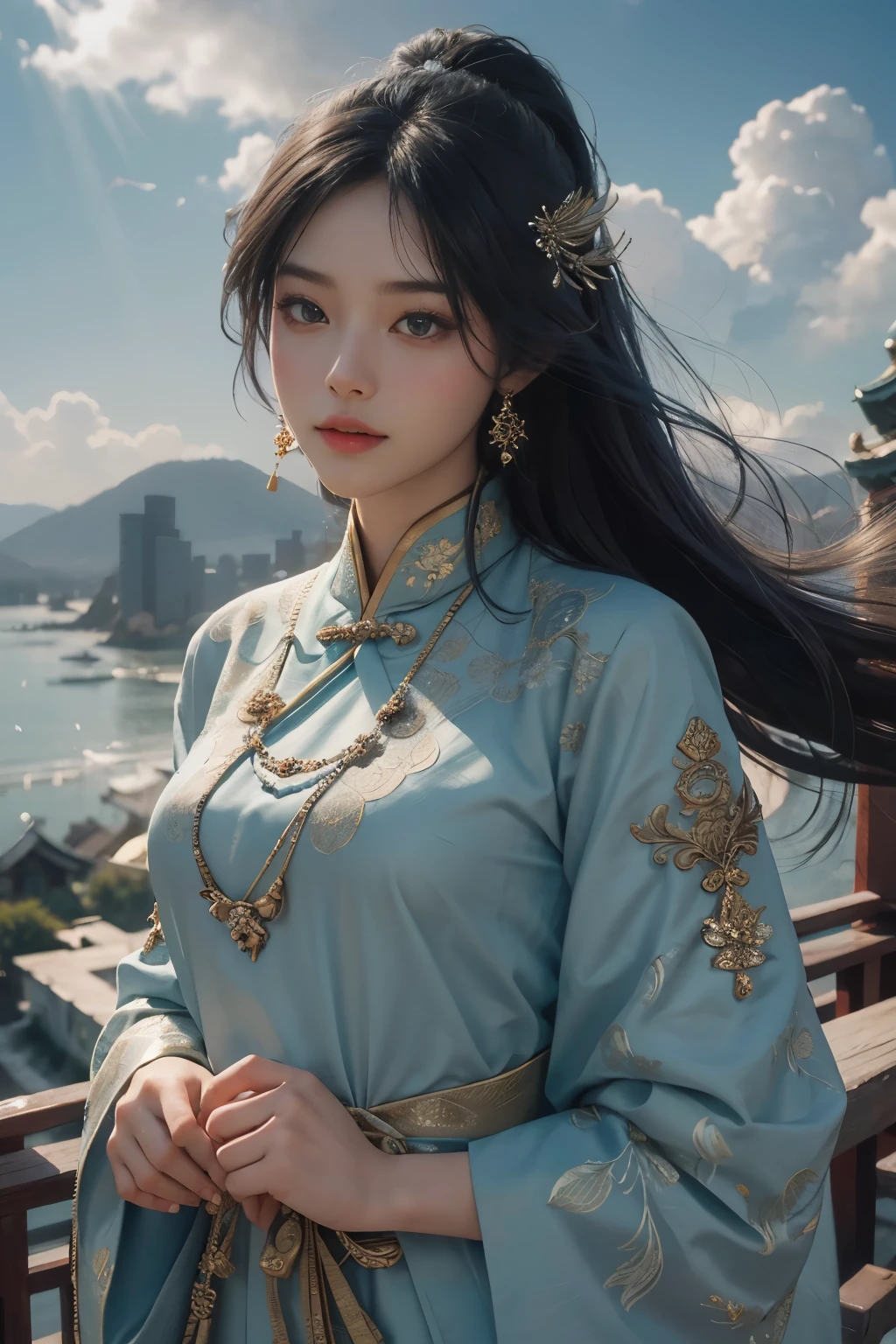 Chinese beauties in ancient costumes, with the wind and clouds blowing fiercely, their clothes fluttering elegantly in the breeze. The intricate designs of their garments stand out against the natural backdrop, the bright colors vibrant amidst the swirling clouds. Each beauty's face, adorned with makeup and delicately styled hair, turns towards the viewer, their eyes expressing a serene yet captivating beauty. The fabrics drape gracefully over their bodies, revealing fine details and the delicate texture in the increased resolution. Their costumes, once considered masterpieces, now come alive in this ultra-detailed illustration, an 8K, photo-realistic representation of