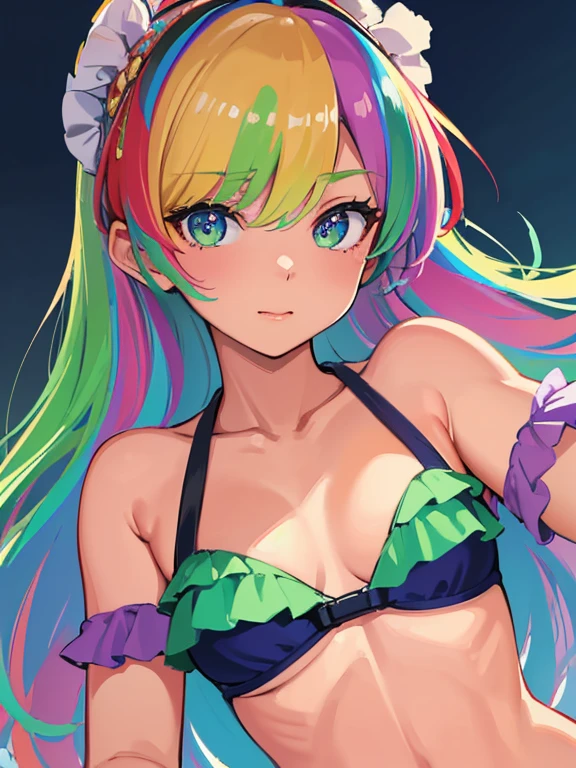 (masterpiece, high quality, high resolution, absurd, super detailed, High saturation、8k),real:1.5,solo,( frilled bikini),cute face,neat and clean、、rainbow hair,colorful