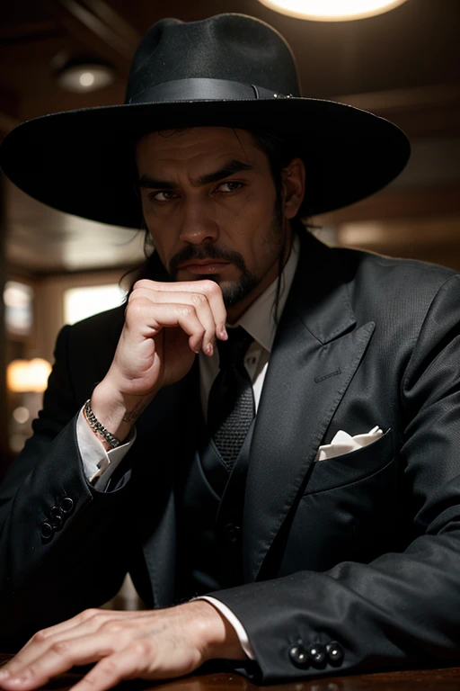 Huge man, gangster, black hat with brim in the style of the 30s, strict black suit, in an old bar, threatens , eye contact, looks at the viewer, masterpiece, best quality, perfect detail, perfect face detail, perfect eye detail, perfect detail  skin, depth of field, ideal lighting