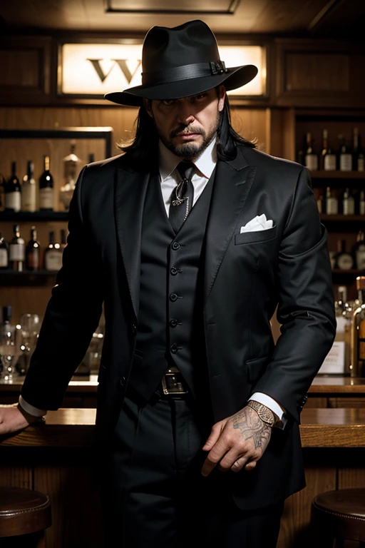Huge man, gangster, black hat with brim in the style of the 30s, strict black suit, in an old bar, threatens , eye contact, looks at the viewer, masterpiece, best quality, perfect detail, perfect face detail, perfect eye detail, perfect detail skin, depth of field, ideal lighting