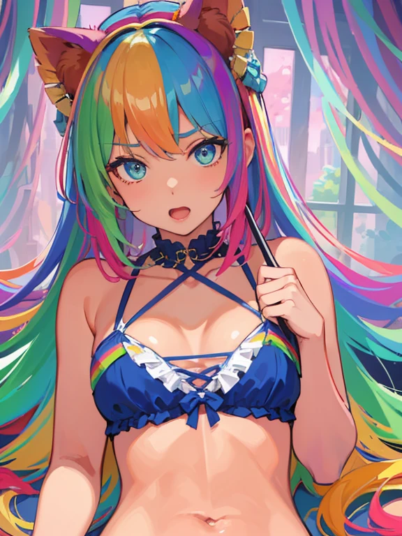 (masterpiece, high quality, high resolution, absurd, super detailed, High saturation、8k),real:1.5,solo,( frilled bikini),cute face,neat and clean、、rainbow hair,colorful