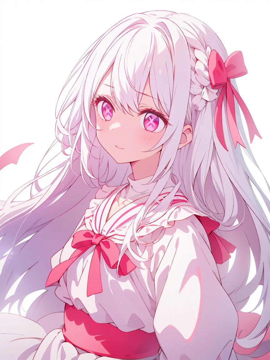 1 girl、white hair、Pink eyes、long hair、white lolita、balloon、ribbon、white background、simple background