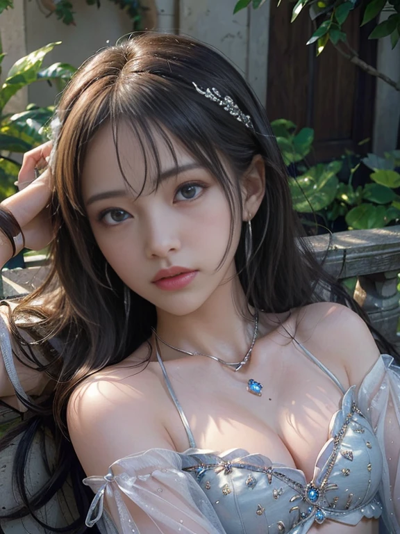 royal garden, (photorealistic:1.4), (masterpiece, front lighting, finely detailed beautiful eyes: 1.2), masterpiece*portrait, realistic, 3d face, glowing eyes, shiny hair, lustrous skin, solo, embarrassed, (midriff), absolute_cleavage, necklace, sapphire_earrings, small breast,
