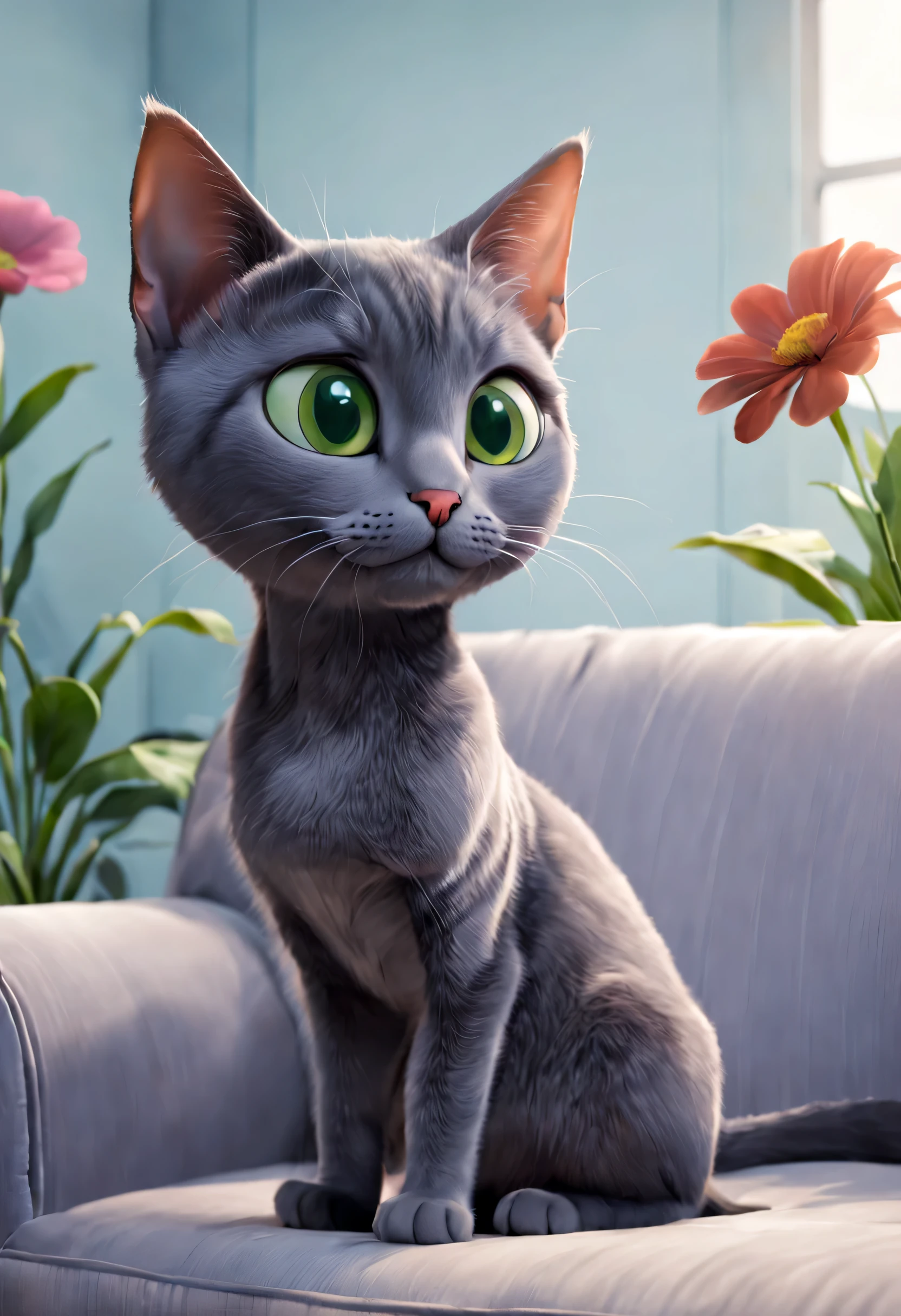 1 gato, Korat cinza, cabelo curto, sofa, flor cheirosa, disneypixar