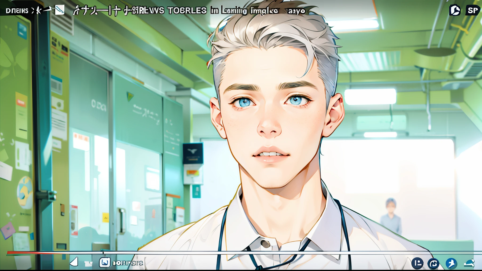 There is a handsome young man of , he is at school, he is talking to someone, he has silver hair, silver eyes, his shirt is blue and his jacket is brown.