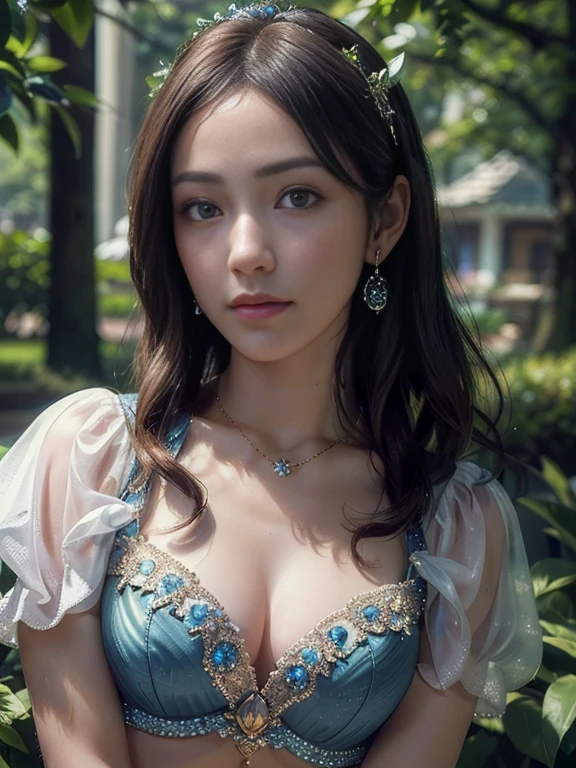 royal garden, (photorealistic:1.4), (masterpiece, front lighting, finely detailed beautiful eyes: 1.2), masterpiece*portrait, realistic, 3d face, glowing eyes, shiny hair, lustrous skin, solo, embarrassed, (midriff), absolute_cleavage, necklace, sapphire_earrings,  small breast, 