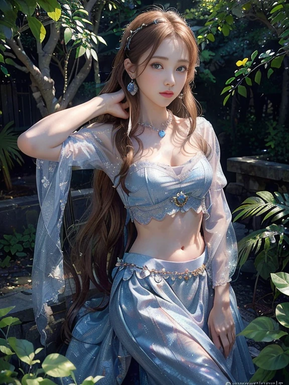 royal garden, (photorealistic:1.4), (masterpiece, front lighting, finely detailed beautiful eyes: 1.2), masterpiece*portrait, realistic, 3d face, glowing eyes, shiny hair, lustrous skin, solo, embarrassed, (midriff), absolute_cleavage, necklace, sapphire_earrings,  small breast, 