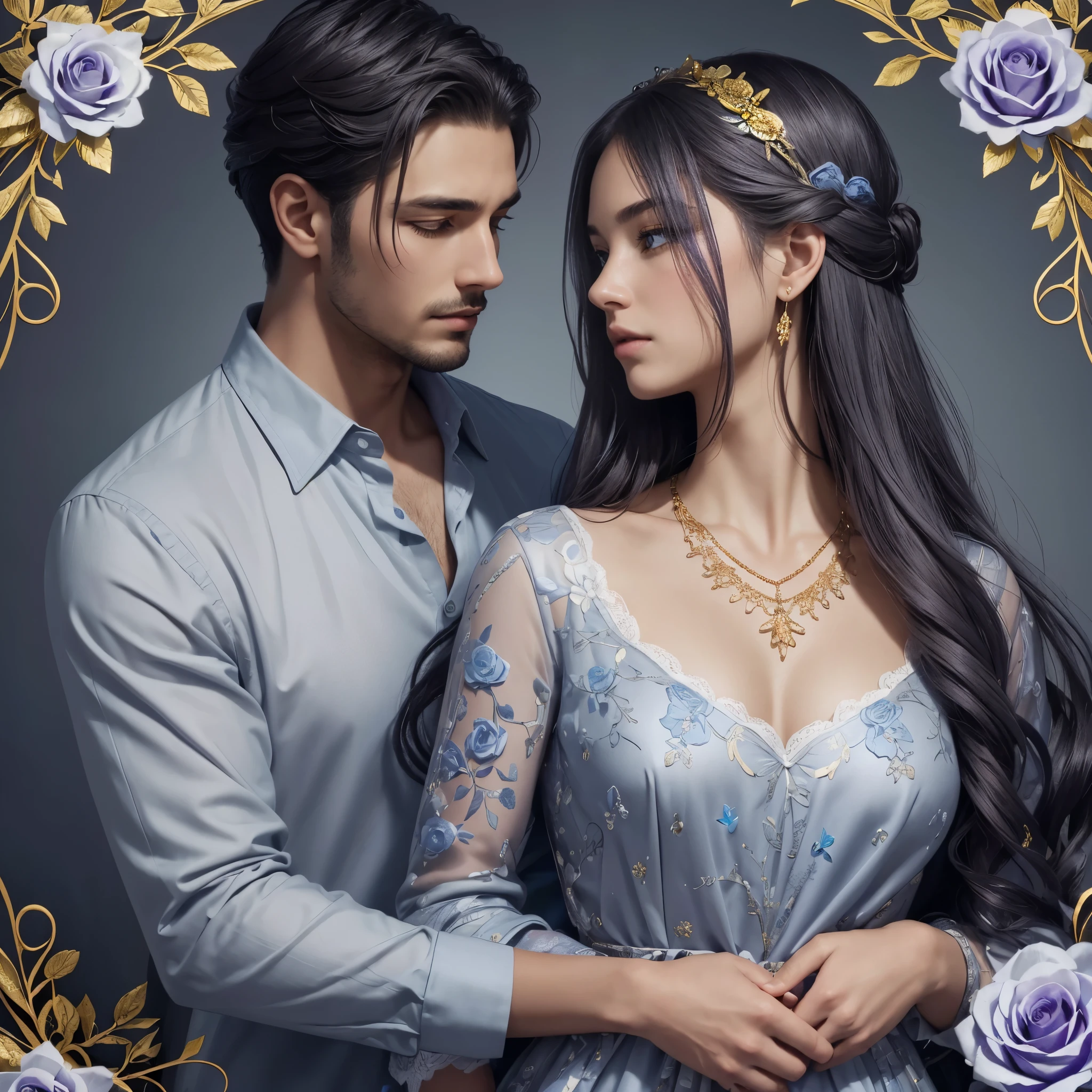 Highly detailed digital art of a man holding a woman and small grey rose from behind, close together. On the edge, intricate gold color vines and white floral designs. The background is blue, purple and gray combinations. A woman wearing a blue dress and diamond necklace. A man wearing an unbutton white shirt