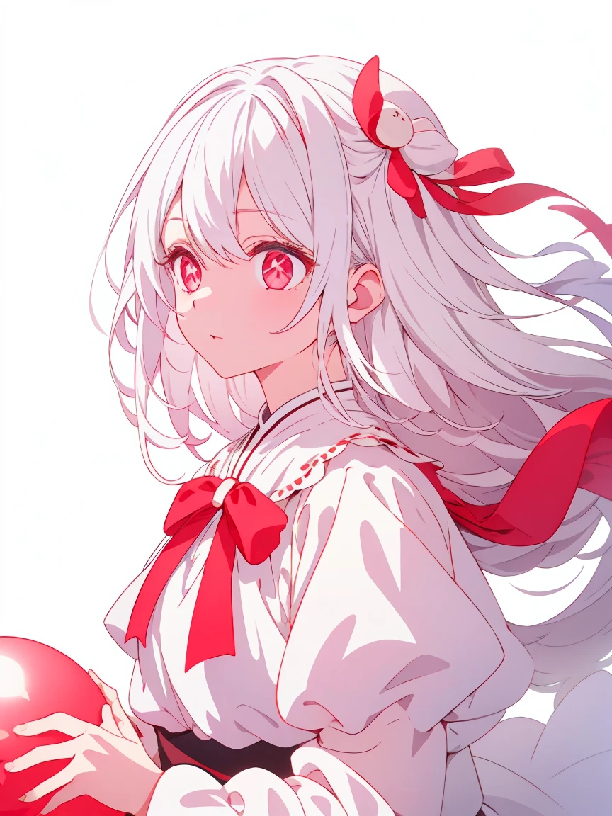 1 girl、white hair、red eyes、long hair、white ta、balloon、ribbon、white background、simple background