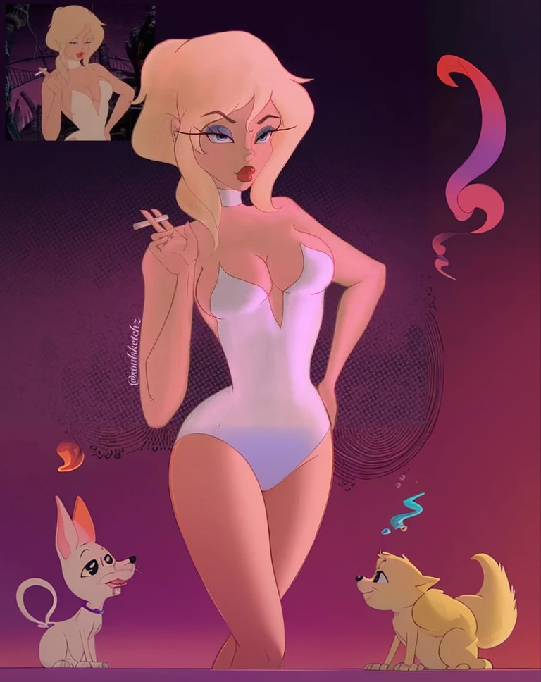 um desenho animado de uma mulher com um vestido branco fumando um cigarro, estilo de arte da Disney, inspirado em Tex Avery, fanart da coelhinha lola, arte no estilo da Disney, in the style of Disney animation, Disney art style, personagem da disney style, personagem da disney, arte conceitual disney, arte conceitual de desenho animado, estilo de arte dos desenhos animados, inspirado em Don Bluth, barbie de anime de branco