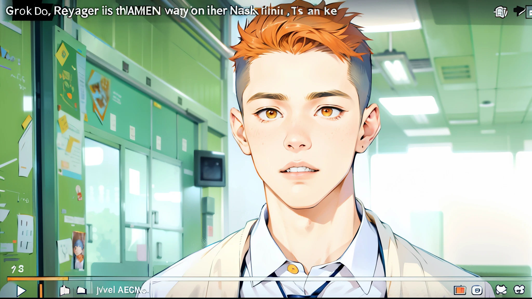 There is a handsome 16-year-old boy who is at school, he is talking to someone, he has orange hair, orange eyes, he is turning to someone.