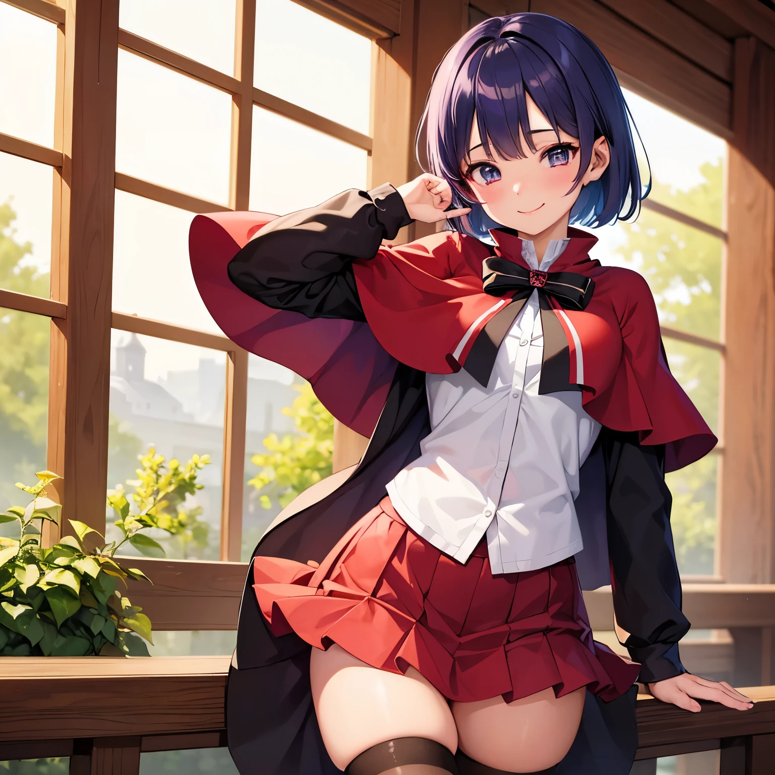 (masterpiece, best quality:1.2), cowboy shot, solo, 1girl, ayanokouji rem, smile, looking at viewer, long sleeves, capelet, red skirt, thighhighs