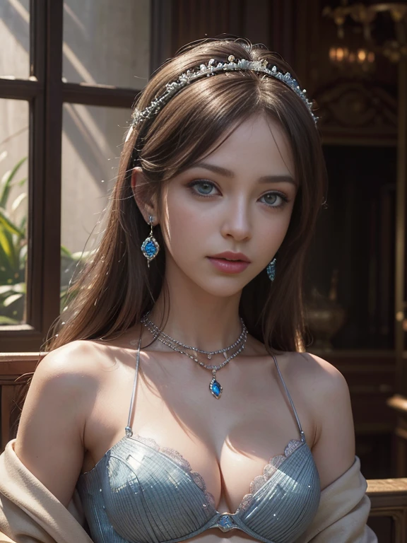 royal garden, (photorealistic:1.4), (masterpiece, front lighting, finely detailed beautiful eyes: 1.2), masterpiece*portrait, realistic, 3d face, glowing eyes, shiny hair, lustrous skin, solo, embarrassed, (midriff), absolute_cleavage, necklace, sapphire_earrings,  small breast, 