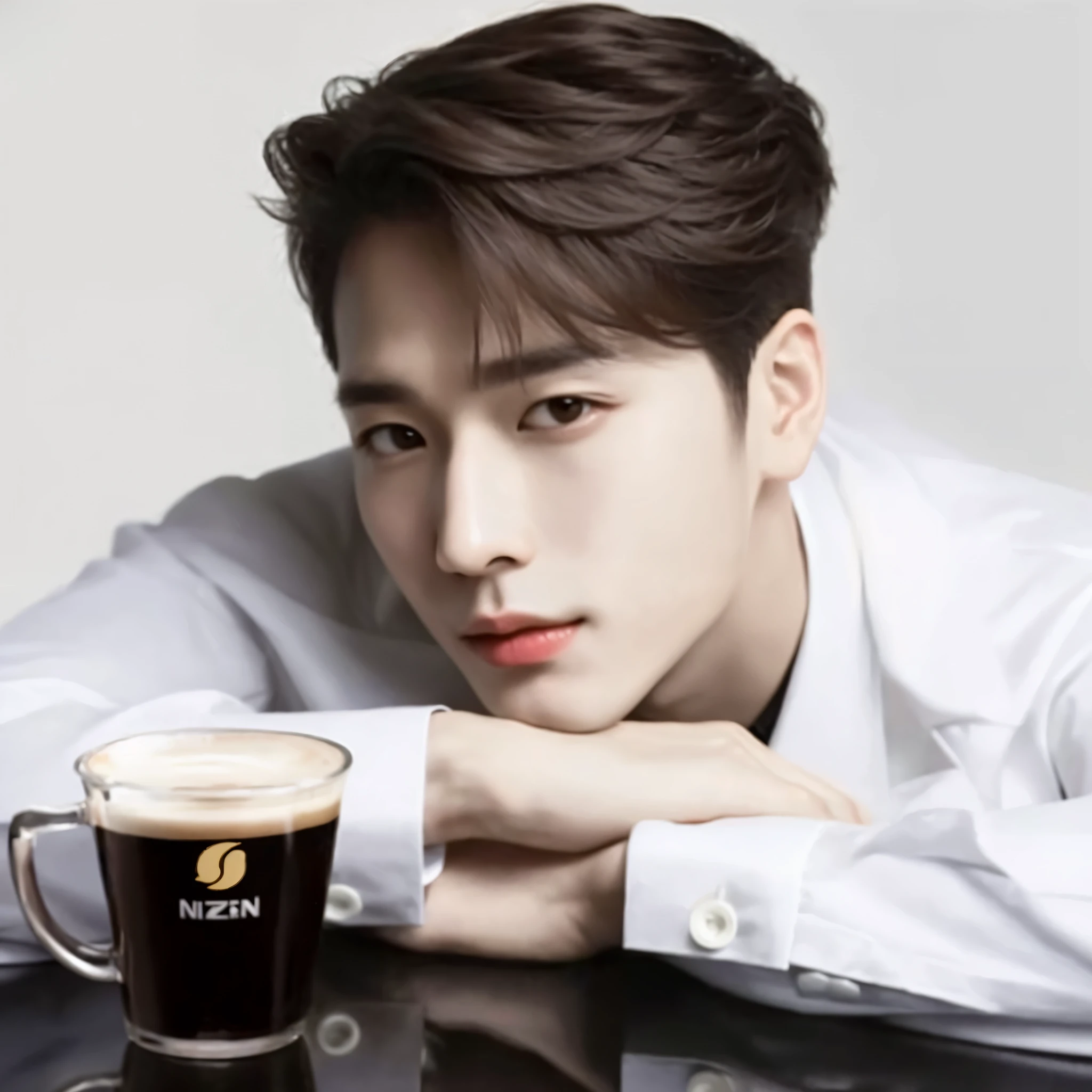 a man sitting at a table with a cup of coffee, Jung Jaehyun, cai xukun, Won Bin Lee, hyung tae, elegante, Jimin, por Nil Gleyen, shin jeongho, SFW, TaeJune Kim, elegante man, hsiao-ron, esojun chengt, de mi parte, eso gisuka, Siwoo Kim, Jackson Wang, Team Wang, nariz griega, Prince, asian man, modelo