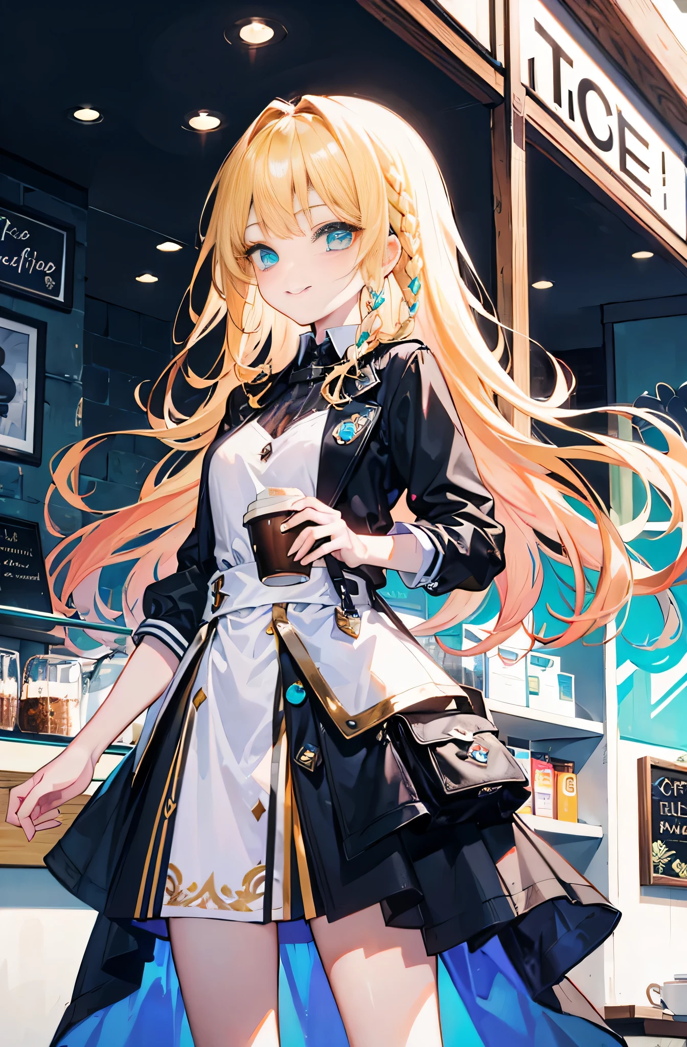 blonde girl, Turquoise eyes, long hair,Braided left and right. .Drinking coffee in a coffee shop.evil smile,