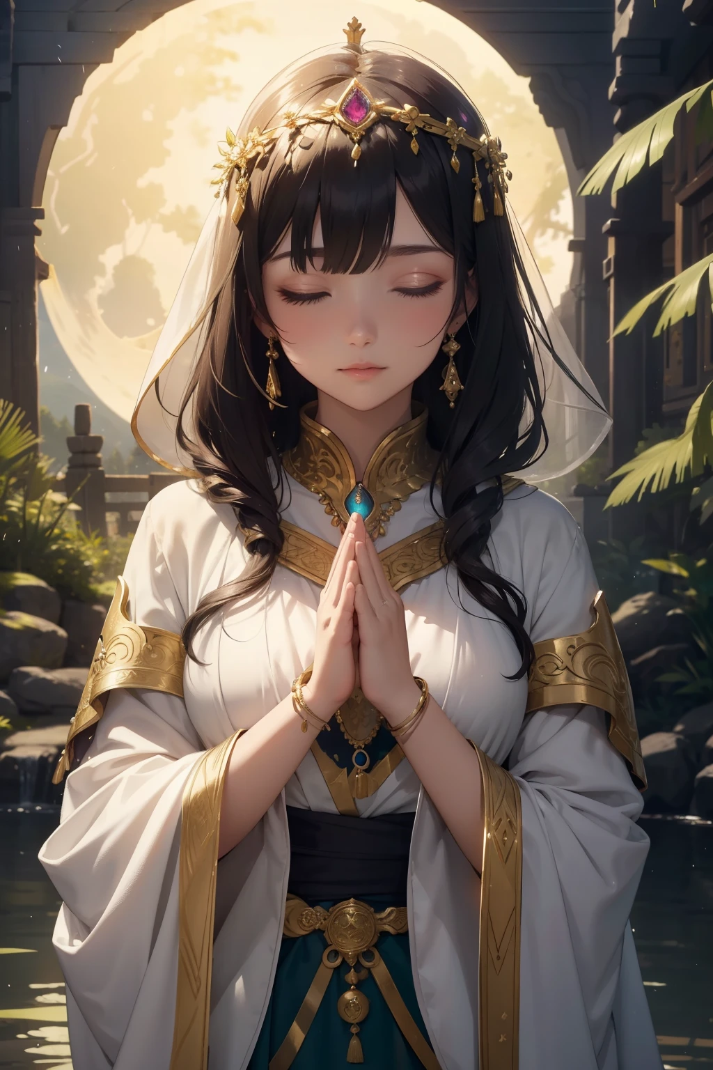 masterpiece, top quality, 1 girl,
Medieval temple setting, ancient shrine, glowing lanterns, prayer beads,
The shrine priestess, in traditional robes, long flowing sleeves, intricate patterns,
Velvet hood adorned with precious gems, delicate features, serene expression,
Absolutely still, hands folded in front of her chest, eyes closed in deep focus,
Nature scene background, full moon rising, green foliage surrounding,
Peaceful river flowing nearby, ethereal aura exuding from her being,
Soaking in the glow of the moonlight, utter tranquility enveloping the scene,
A true masterpiece