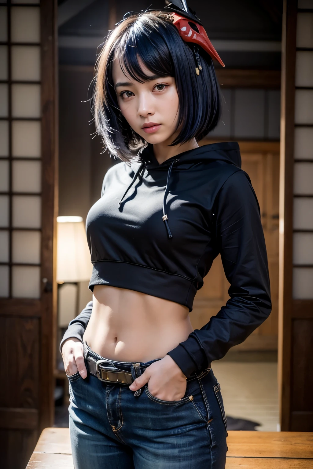 1girl, ((black long sleeved hoodie, long dark blue jeans)), (midriff, navel), iron belt, looking at viewer, seductive smile, standing, hands in pocket, old japanese room, (kujou sara:1.3), mask on head, blue hair, short hair, yellow eyes, ((cinematic lighting, best quality, masterpiece, anatomically correct, detailed textured skin, high details, best quality, highres, HD, 4K, 8k, super detail))