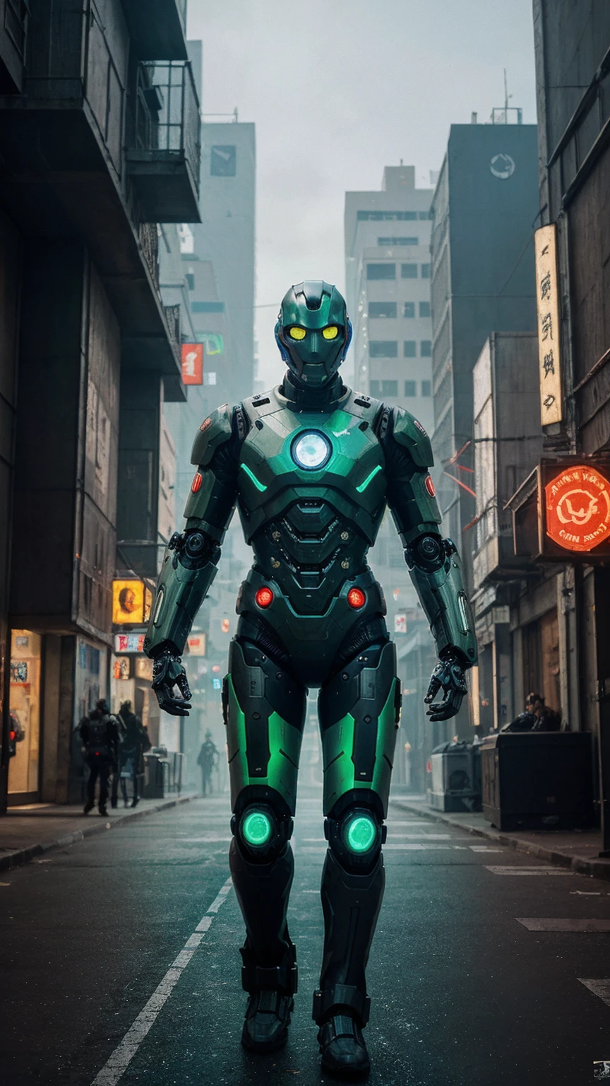 Dark_Fantasy,Cyberpunk, (Best quality, Masterpiece),(Green:1.1),white,1man,Mechanical marvel,Robotic presence,Cybernetic guardian,wearing a cybernetic jacket,city, highest quality digital art, Stunning art, wallpaper 4k, highly detailed