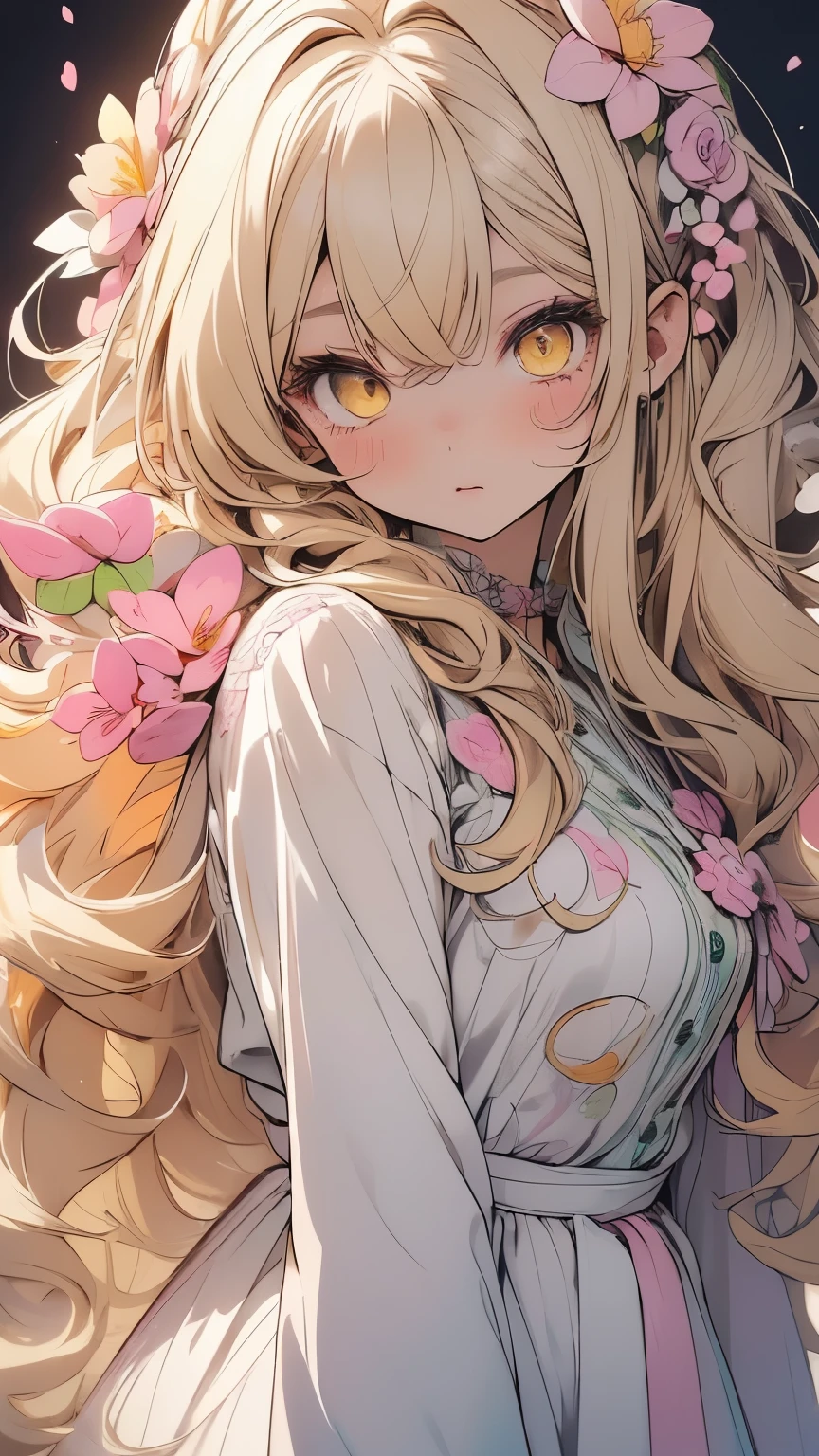 1girl:1.3, (pastel color line art:1.3), cute girl, kawaii girl, cute, kawaii, charisma:1.3, long hair, curly hair, loose hair, big hair, dense hair, blonde hair, yellow eyes, (flowers, petals), retro art pose, pop art pose, absurdres, highres, ultra detailed