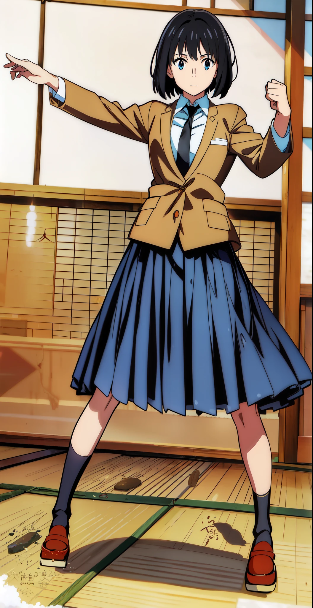 (best quality:2.0), (fighting pose:1.5), (loafers:1.0), (depth of field:2.0), (in the tatami room:2.0), (fighting pose:1.5), (dynamic pose:1.5), (anime:2.0), (official art:2.0), (best quality:2.0), (masterpiece:1.0), (full body:1.0), (solo:1.0), (a 18yo cute girl:1.0), (long skirt:1.0), (dark blue skirt:1.0), (pleated skirt:1.0), (school uniform beige blazer:1.0), (dark blue necktie:1.0), (loafers:1.0), (black socks:1.0), (ideal ratio body proportions:1.0), (lanky:1.0), (tall:1.0), (slender:1.0), (small breasts:1.0), (smaller face:1.0), (tareme:1.0), (detailed beautiful eyes:1.0), (detailed beautiful face:1.0), (glowing black eyes:1.0), (bob cut hair:1.0), (black hair:1.0)