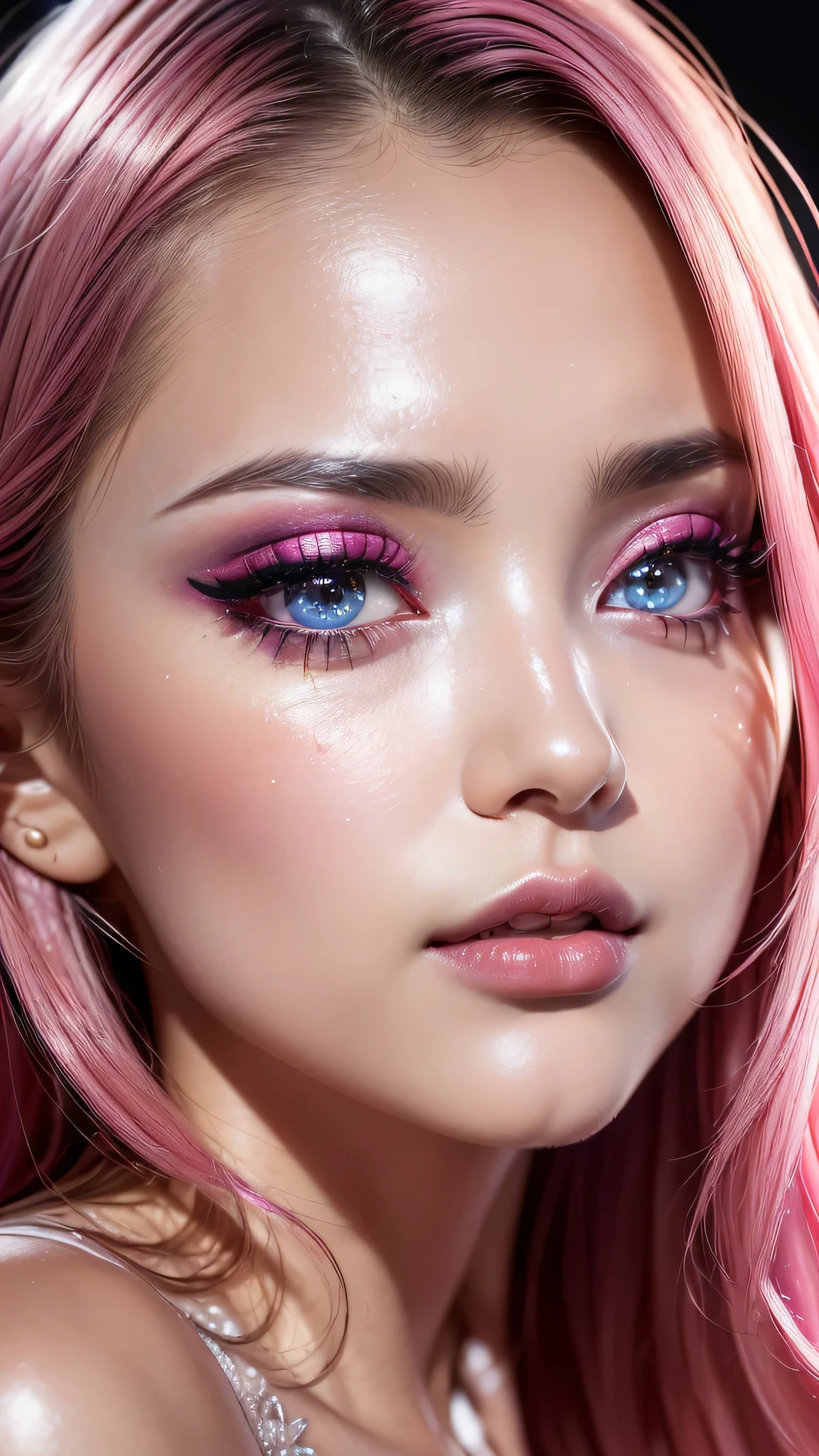 Ultra-realistic、 ultra-detailed portraits、 最high quality、 8K、highest level、 The ultra -The high-definition、(Super beautiful detailed face:1.5)、(detailed eyes:1.2)、(detailed lip:1.2)、(Detailed nose:1.2)、((cleavage))、(I encourage you to choose a subdued and perfectly coordinated background for your phenomenal, diverse random creation)、(Use any technique of combining materials, natural, artificial, (light, heavy, airy), metals, elements and fantasy magic, any style, any outfit, choose eyes color, ((hair is a different color than eyes)), dynamic random fancy, professional hairstyles)、 1girl:1.4 22years old、fashion supermodel、real:1.66、photorealistic:1.66、(very delicate and beautiful、fine details:1.3)、masterpiece、 最high quality、 (high quality)、 (absurdres)、 (sharp fous)、(Glamour, paparazzi taking pictures of her)、 contrast、 (dark shot:1.07)、 eLonged 2red_eyelashes:1.22、(red)_lipstick:1.45、((perfect round eyes))、 (dark_pink_makeup:1.24)、(matte skin:1.3)