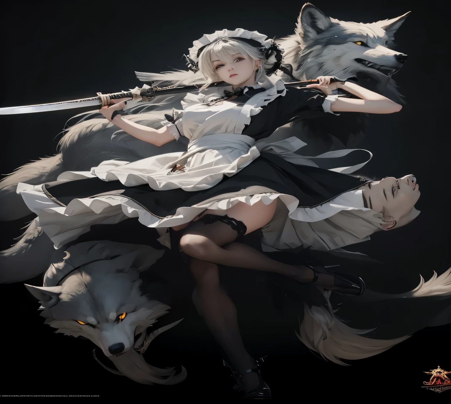master piece, highest quality, (Highly detailed CG integrated 8k wallpaper), Cool Maid, morbid,Tachi, two wolves bodybian, Mad eyes, jessica rosier style, 8K