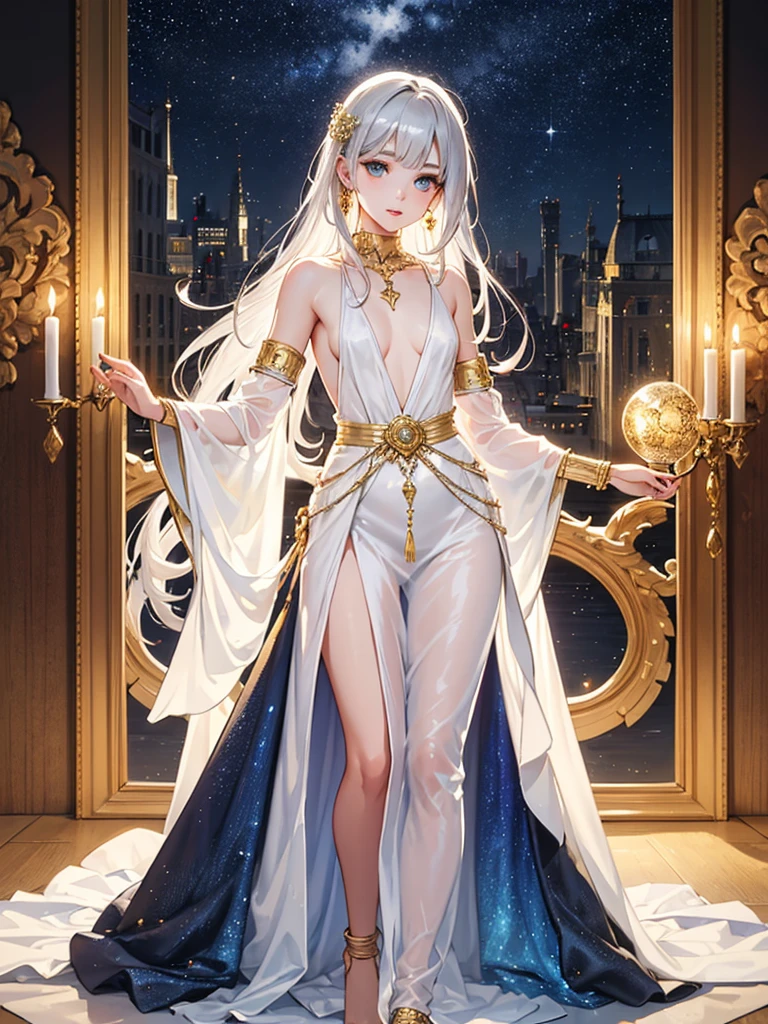 highest quality,In 8K,High resolution,((master piece:1.2)),(Photoreal:1.4), (masterpiece, side light, exquisite beautiful eyes: 1.2), masterpiece*portrait, realistic, 3D face, shining eyes, shiny hair, Glossy skin,alone,full body portrait,standing position,A very beautiful and cute 16 year old girl,attractive oval face,double eyelid,deep blue eyes,rosy lips,small nose,bright silver hair,straight long hair,slender body,small breasts,White dress(See-through,No sleeve,bare shoulders,bare arms,bare back,gold trim),Gold Choker,Gold Necklace,gold bangles,Gold Bracelet,Gold Anklet,starry sky,night view