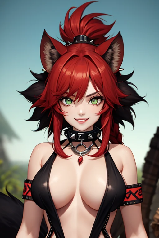 Gnoll woman, woman, green eyes, black fur, spike collar, Gnoll woman, big , big tighs, smile, 4k, hd, pretty face, messy hair, menacing, acurrate eyes, sharp pupils, wild, scary look, sword with hair with Rastafarian braid, (human head), (Mohican), (tribal clothing), exposed belly, (red hair), (hyena ears)