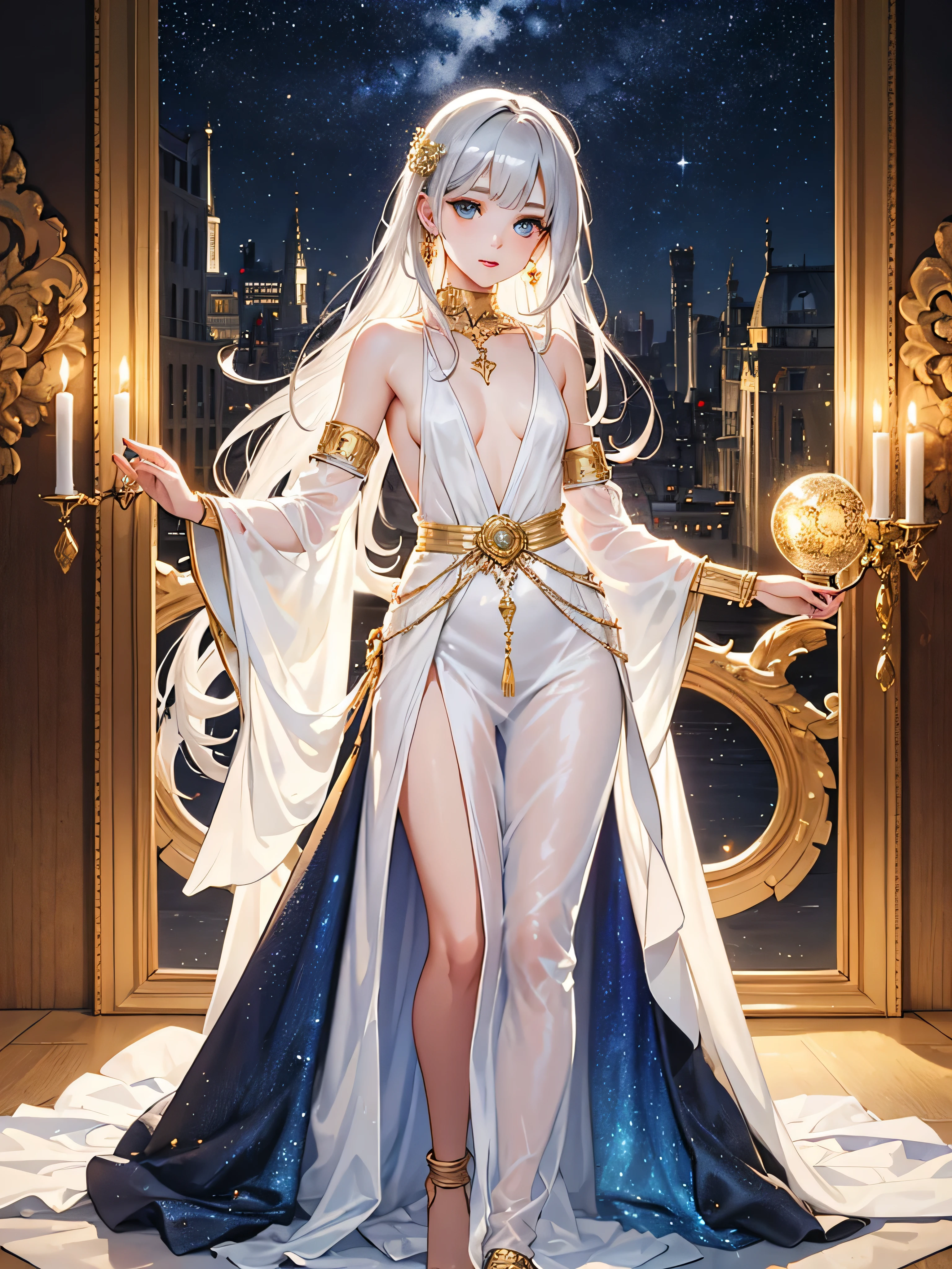 highest quality,In 8K,High resolution,((masterpiece:1.2)),(Photoreal:1.4), (masterpiece, side light, exquisite beautiful eyes: 1.2), masterpiece*portrait, realistic, 3d face, shining eyes, shiny hair, Glossy skin,alone,full body portrait,Standing position,Very beautiful and cute 16 year old girl,attractive oval face,double eyelid,deep blue eyes,rosy lips,small nose,bright silver hair,straight long hair,slender body,small breasts,white dress(See-through,sleeveless,bare shoulders,bare arms,bare back,gold trim),Gold Choker,gold necklace,gold bangles,gold bracelet,Gold Anklet,starry sky,night view