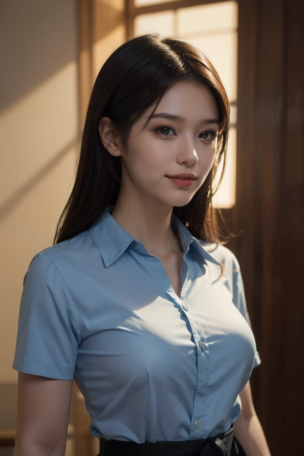 best quality, masterpiece, (photorealistic:1.4), 1girl, light smile, shirt with collars, waist up, dramatic lighting, from below
