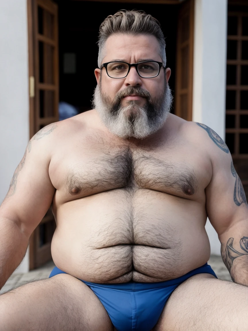 mesa,alta qualidade,altamente detalhado,cena intensa, solid, Gritty Reality Scenario for 42 Year Old Sexy Fat Bearded Man,cheio de suor,corpo todo,barriga grande, wearing prescription glasses, sorridente, Using tea, ((Vestindo blusa de passeio, uma bermuda branco)),rosto atordoado,Abra as pernas, Open-air square, He walks his English Cocker Daniel dog