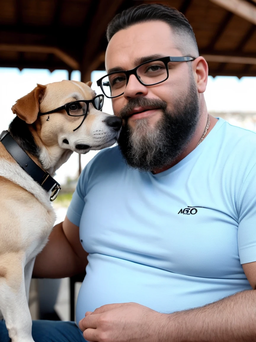 mesa,alta qualidade,altamente detalhado,cena intensa, solid, Gritty Reality Scenario for 42 Year Old Sexy Fat Bearded Man,cheio de suor,corpo todo,barriga grande, wearing prescription glasses, sorridente, Using tea, ((Vestindo blusa de passeio, uma bermuda branco)),rosto atordoado,Abra as pernas, Open-air square, He walks his English Cocker Daniel dog