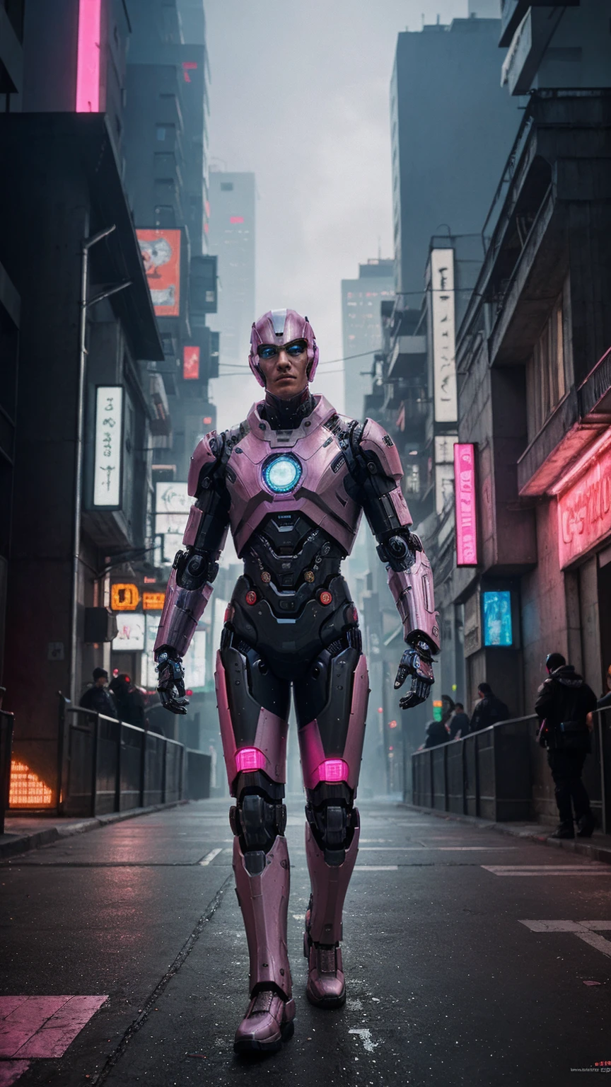 Dark_Fantasy,Cyberpunk, (Best quality, Masterpiece),(Pink:1.1),white,1man,Mechanical marvel,Robotic presence,Cybernetic guardian,wearing a cybernetic jacket,city, highest quality digital art, Stunning art, wallpaper 4k, highly detailed