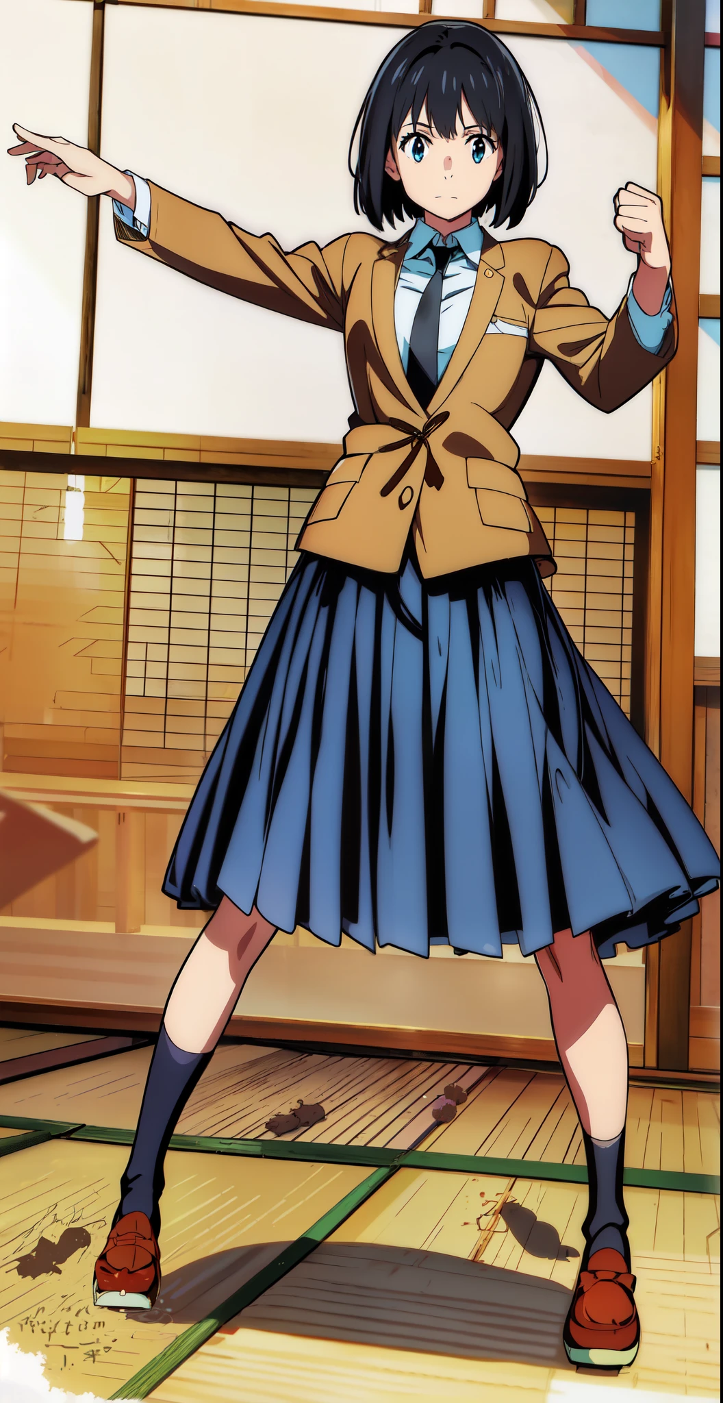 (best quality:2.0), (fighting pose:1.5), (loafers:1.0), (depth of field:2.0), (in the tatami room:2.0), (fighting pose:1.5), (dynamic pose:1.5), (anime:2.0), (official art:2.0), (best quality:2.0), (masterpiece:1.0), (full body:1.0), (solo:1.0), (a 18yo cute girl:1.0), (long skirt:1.0), (dark blue skirt:1.0), (pleated skirt:1.0), (school uniform beige blazer:1.0), (dark blue necktie:1.0), (loafers:1.0), (black socks:1.0), (ideal ratio body proportions:1.0), (lanky:1.0), (tall:1.0), (slender:1.0), (small breasts:1.0), (smaller face:1.0), (tareme:1.0), (detailed beautiful eyes:1.0), (detailed beautiful face:1.0), (glowing black eyes:1.0), (bob cut hair:1.0), (black hair:1.0)