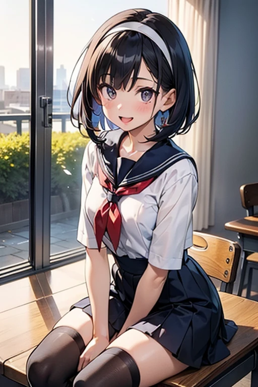body 8 times longer than head, (Highly detailed CG unity 8k), (highest quality),(very detailed),(ultra high resolution), black hair, High school girl in sailor suit, (navy blue sailor suit), Anime 2D rendering, realistic young anime high school girl, Smooth anime 2D CG art, (headband), smile, purple eyes, small breasts, tall, Straight hair, bob cut, slanted eyes, (school scenery), black stockings, bright color, High-definition, open your mouth a little, Clear outline, shame,