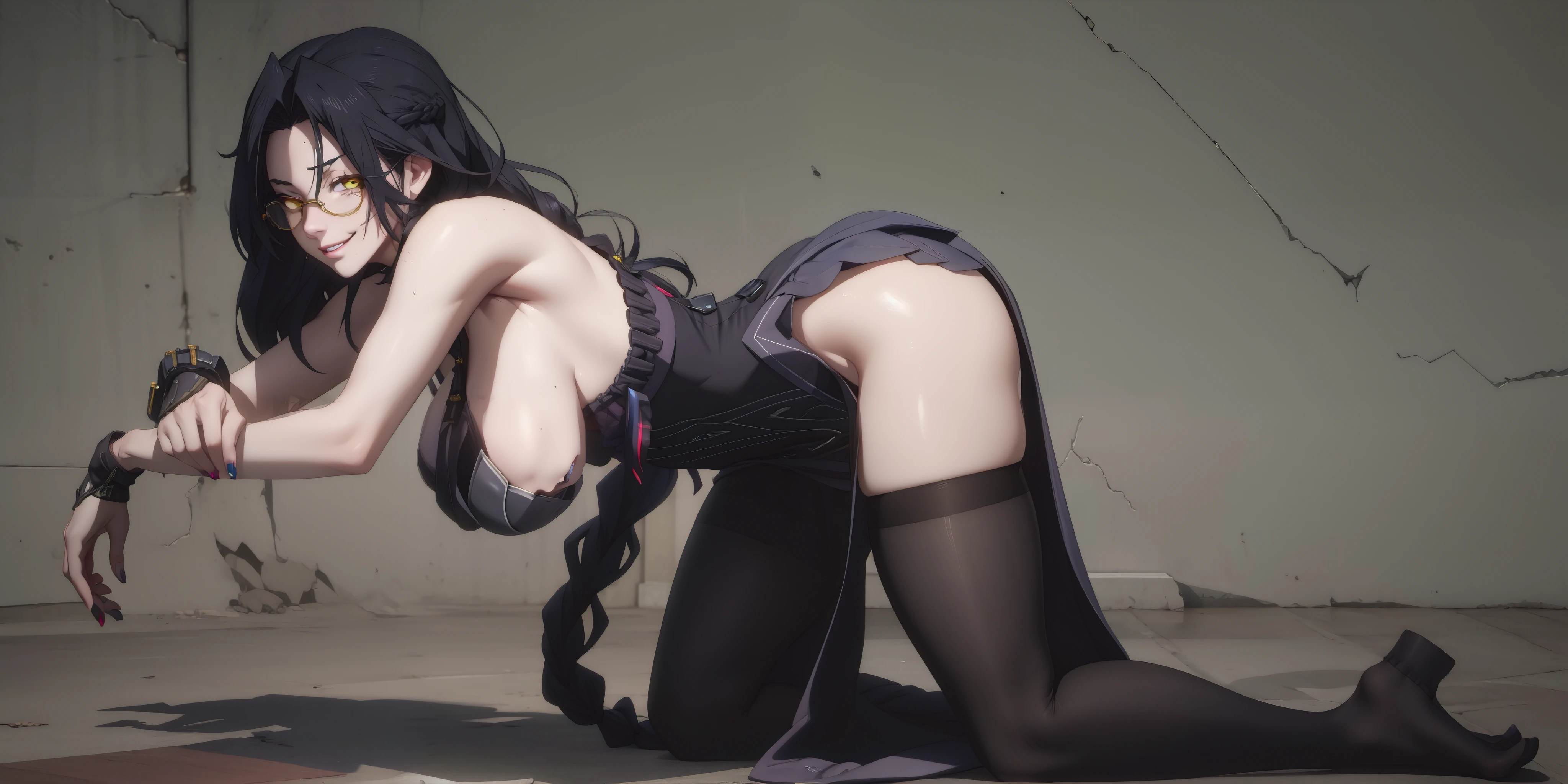 dominique_de_sade, black hair, long hair, yellow eyes, atomically correct, best quality, masterpiece, high quality, high details, highres, HD, (shaded face:1.2), hollow eyes, grey eyes, looking at viewer, heavy breathing, smirk, upper teeth, black hair, long hair, large breasts, 1girl, glasses, braid, breasts, dress, solo, long_hair, nail_polish, bare_shoulders, large_breasts, looking_at_viewer, single_braid, pantyhose, ass, bangs, feet, sidelocks, very_long_hair, "glow effects, godrays, Hand drawn, render, 8k, octane render, cinema 4d, blender, dark, atmospheric 4k ultra detailed, cinematic, Sharp focus, big depth of field, Masterpiece, colors, 3d octane render, 4k, concept art, trending on artstation, hyperrealistic, Vivid colors, extremely detailed CG unity 8k wallpaper, trending on CGSociety, Intricate, High Detail, dramatic"