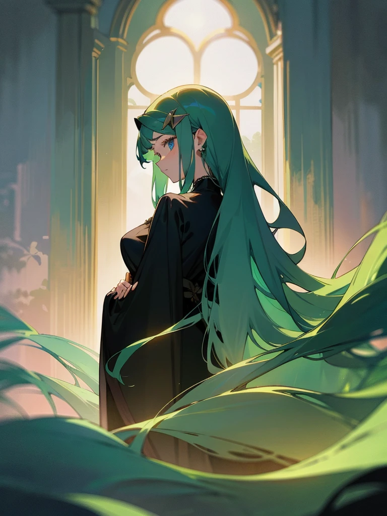 17-year-old 1girl with a graceful presence. She has long, flowing ebony hair that cascades down her back, often adorned with a delicate floral hairpin. Her eyes are a deep shade of emerald green, reflecting both wisdom and a hint of mystery.