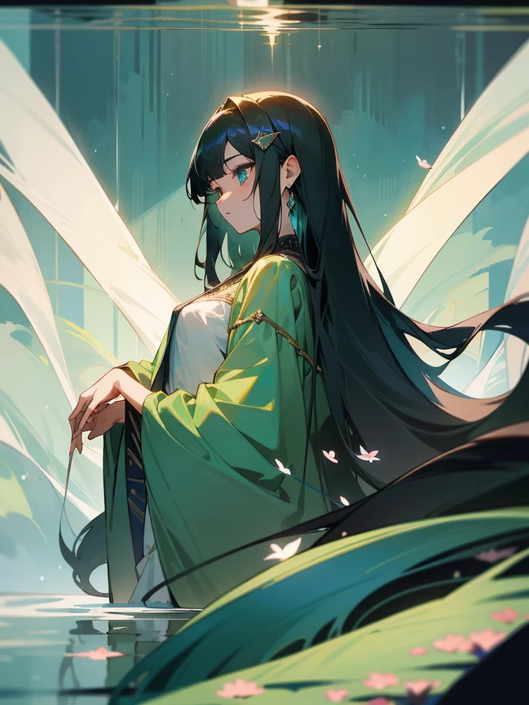 -yeld 1g with a graceful presence. She has long, flowing ebony hair that cascades down her back, often adorned with a delicate floral hairpin. Her eyes are a deep shade of emerald green, reflecting both wisdom and a hint of mystery.
