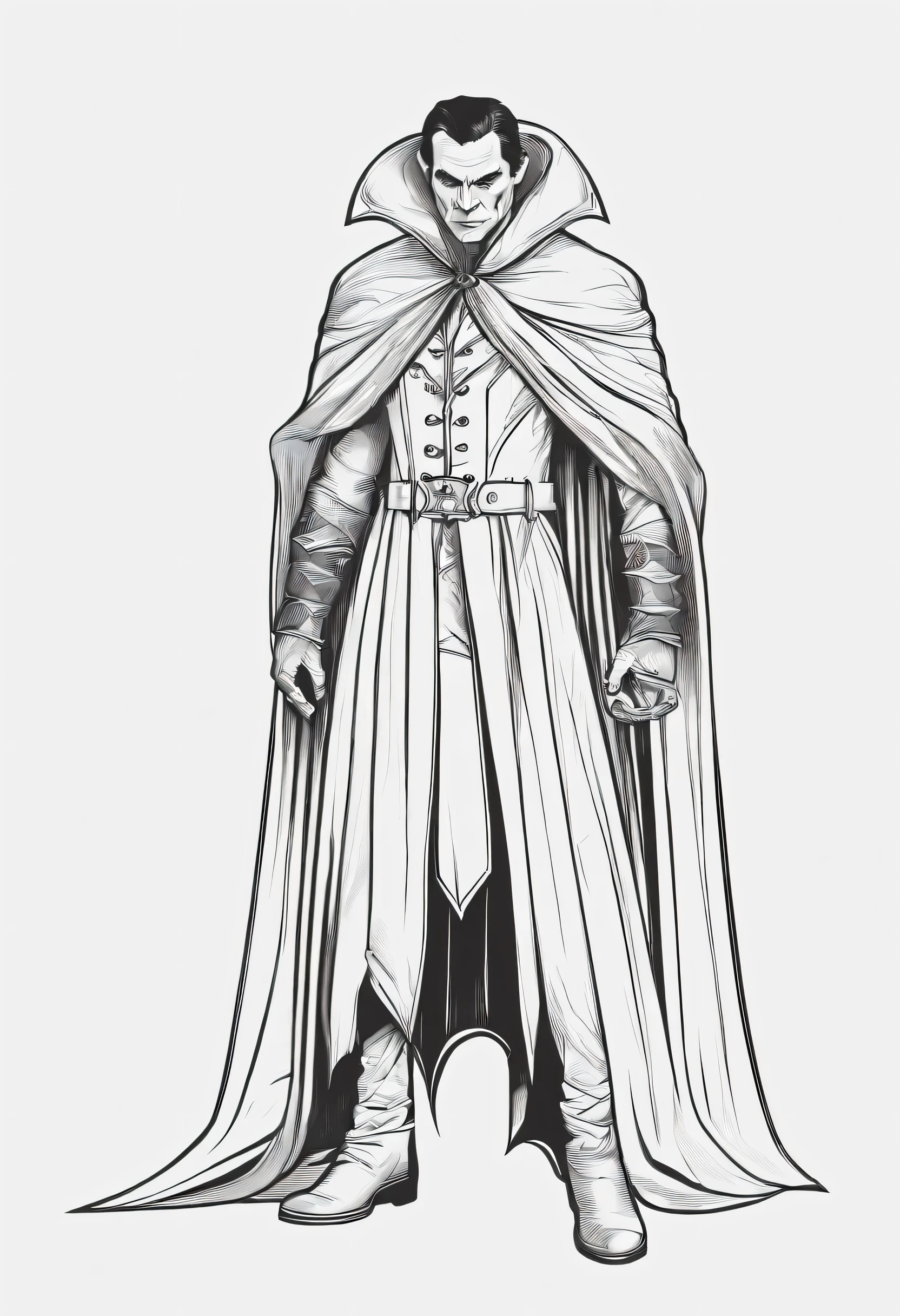An angry vampire wearing a long cape is showing his fangs.