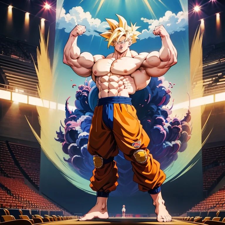 Anime-Stil , High quality full body image of Goku as a bodybuilder, Ist&#39;Ich trage nur einen Tanga , ohne Schuhe, Feet, bare Feet, massive muscular body, huge muscular shoulders, Massive big biceps, Venen im Bizeps, Muskelbeine, massive muscular abs, Bizepsflex. posierend, Sie schwitzt, very muscular, The toned body shines in the spotlight, he is standing on a stage, much muscular sexy, Bodybuilding-Pose, human Lift, strongest 