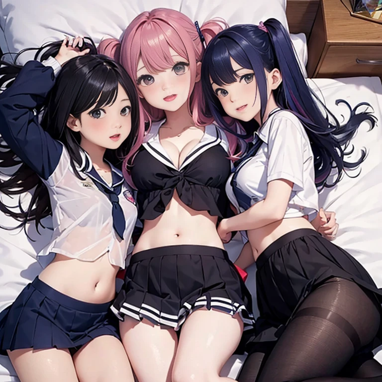 Angle from above、girls sandwich、Three girls are depicted、colorful hair、beautiful girl、highest quality、laughter、beautiful girl、masterpiece、High-definition images、The belly button is visible、colorful school uniform、cleavage exposure、Thigh emphasis、see-through clothes、on the bed