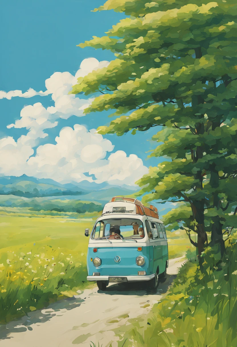 (minimalism:1.4), minibus on the road, Art at Studio Ghibli, miyazaki, meadow with blue sky and white clouds