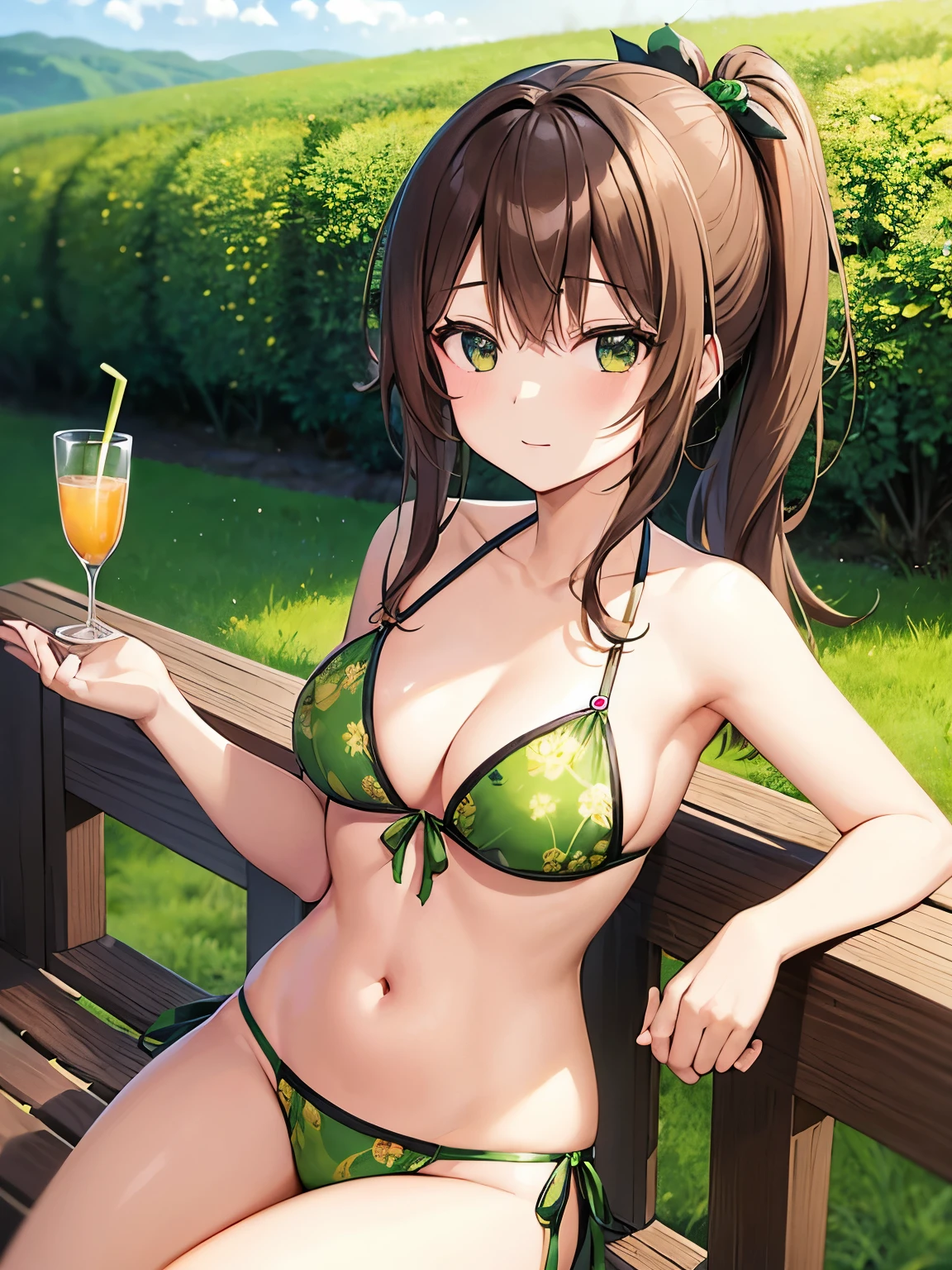 Picture an anime girl with chestnut-brown hair styled in a loose side ponytail, adorned with ginseng-shaped hair accessories. Her bikini, inspired by the serene green tea terraces of Korea, features a refreshing shade of green with subtle tea leaf patterns. Posing on a sunlit terrace overlooking green tea fields, she stands with a cup of tea in hand. The bikini has delicate tea leaf-shaped charms, and her expression is one of relaxed contentment, capturing the essence of a Ginseng Green Tea Terrace Soiree.