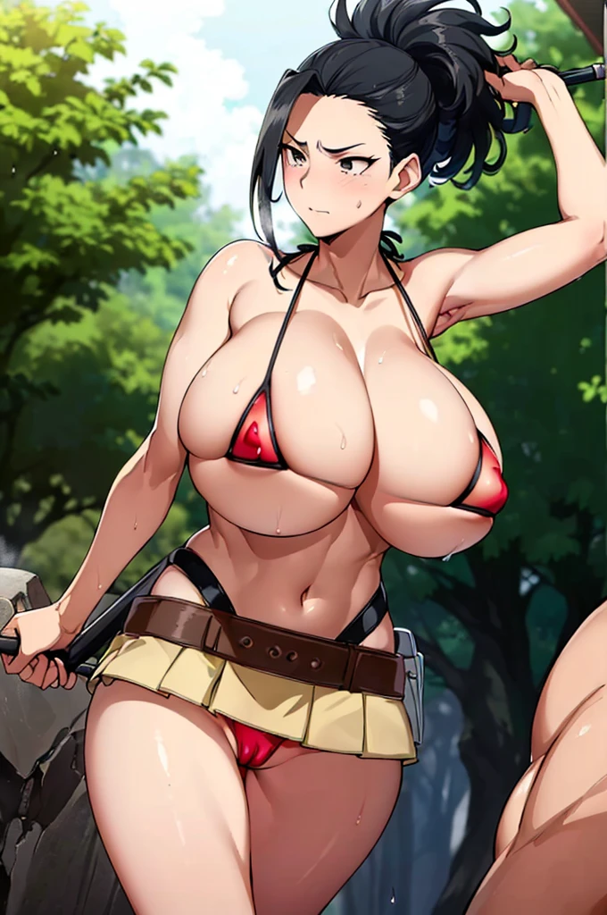 (((masterpiece))), YaoyoruzuMomo, 1girl, solo, long hair, looking at viewer, smile, large breasts, black hair, navel, holding, bare shoulders, medium breasts, closed mouth, standing, ponytail, cowboy shot, belt, hand up, holding weapon, black eyes, arm up, leotard, v-shaped eyebrows, gradient, bare arms, turtleneck, high ponytail, staff, breasts apart, legs apart, holding staff, center opening, >:), aura, red leotard, hair pulled back, wide ponytail, beltskirt,, innovative, 1girl, close to viewer, sharp focus, hard focus, clearly, streaked hair, asymmetric hair, (pixie hair cut:1.1), mature female, chiseled face, satisfied, ((tube top:1.1), gigantic tits, light blush, sweaty, shiny skin, deep skin, vibrant colors, steam, lustrous skin, slightly lips, outdoors, after workout, overflowing bra,Super high quality, 8K, masterpiece, official anime drawing, detailed face, detailed body, detailed breasts, perfect finished drawing, girl, (cleavage) (very huge breasts: 1. 6) (big butt) Big thighs, (lotion) (shiny body) (swollen nipples: 1.1) (red cheeks) (embarrassed expression: 1. 1) (wet skin and hair: 1.5), (light skin), (sweating) ,(beautiful scenery),(perfect face), masterpiece, blush, 1girl , solo, (disgruntled expression:1.2), smooth anime cg ar、(Big breasts 1.7) with large breasts and a huge ass ,mom body,((very lerge breast))) short cut hair, ), , (A dark-haired),、( (Super shiny hair and skin), (Sunlight), ((Beautiful) ), (Huge breastody: 1.5), (Huge breasts: 1.5), Sweaty body, cleavage, (naked :1.8))(very huge breasts: 1. 6)(very huge breasts: 1. 6)(very long breasts: 1. 6)(lots of lotion body:1.5(Big breasts 1.7) (very huge breasts: 1. 6)(very huge breasts: 1. 6))(microbikini:1.8)
