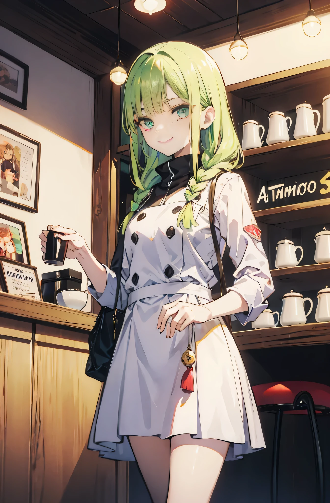 yellow-green hair girl,green eyes, long hair,Braided left and right. .Drinking coffee in a coffee shop.evil smile,