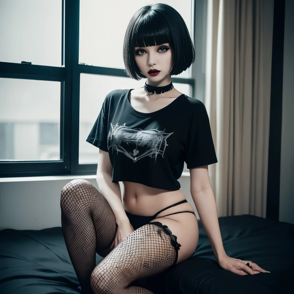 1girl, woman, goth, short bobcut with bangs, straight bangs, black hair, black lips, black lipstick, eyeliner, masacara, eye shadow, tshirt, bedroom, goth girl, pale skin, sitting, goth makeup, dark eyes, smoky eyes, panties, full body, fishnets