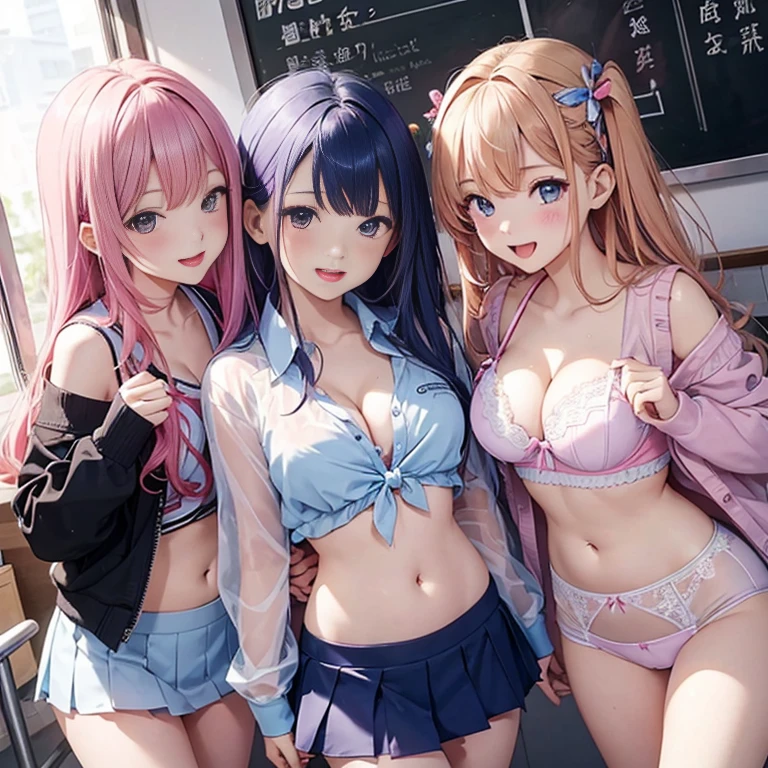 Angle from above、girls sandwich、Three girls are depicted、colorful hair、beautiful girl、highest quality、laughter、beautiful girl、masterpiece、High-definition images、The belly button is visible、colorful school uniform、Front opening、cleavage exposure、Thigh emphasis、see-through clothes、underwear is transparent、train