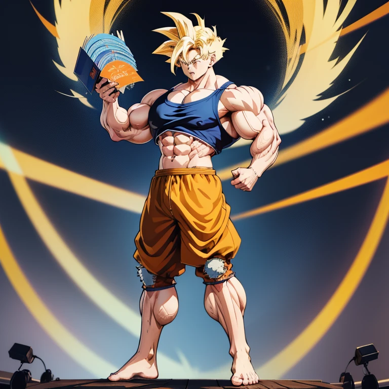 Anime-Stil , High quality full body image of Goku as a bodybuilder, Ist&#39;Ich trage nur einen Tanga , ohne Schuhe, Feet, bare Feet, massive muscular body, huge muscular shoulders, Massive big biceps, Venen im Bizeps, Muskelbeine, massive muscular abs, Bizepsflex. posierend, Sie schwitzt, very muscular, The toned body shines in the spotlight, he is standing on a stage, much muscular sexy, Bodybuilding-Pose, human Lift, strongest 