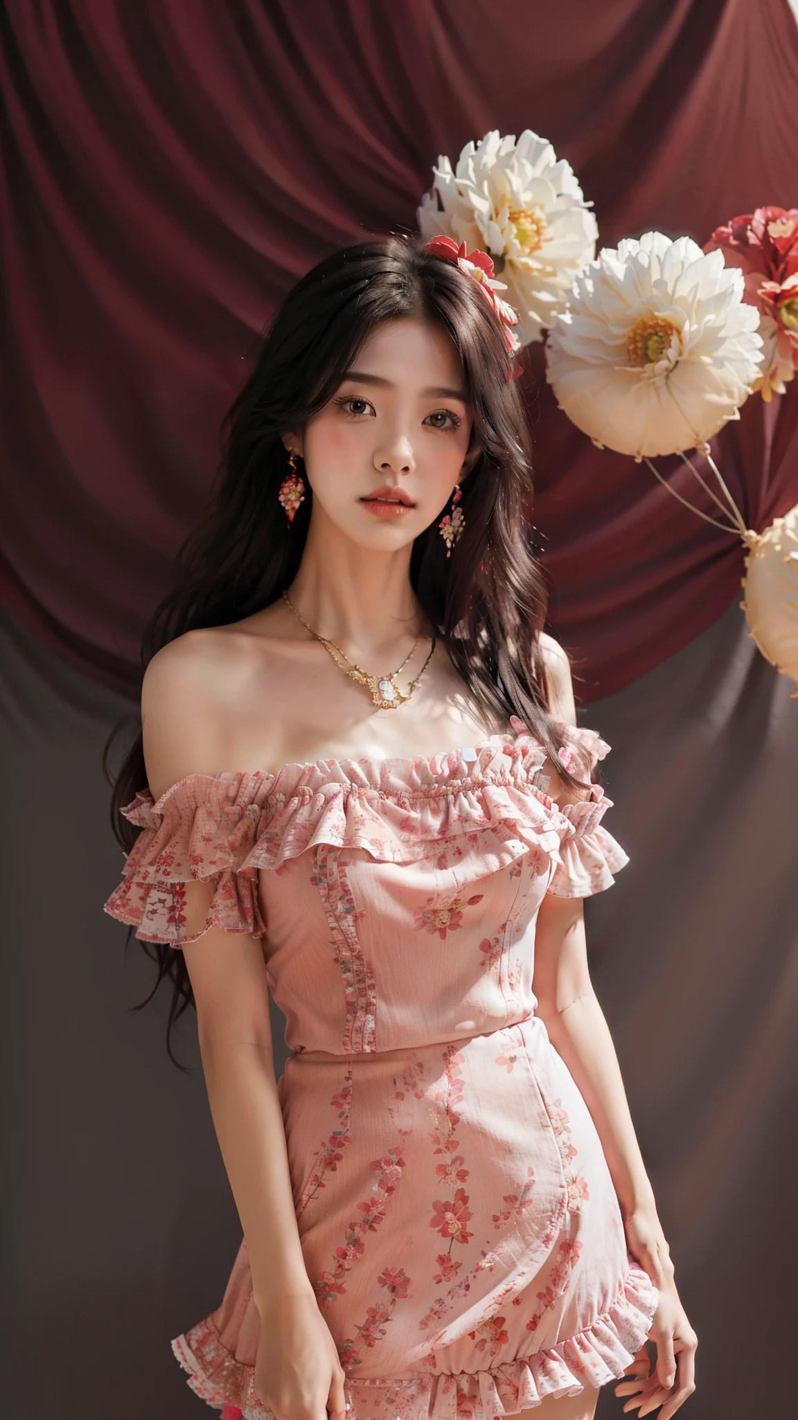 1girl,solo,jewelry,long hair,necklace,earrings,looking at viewer,cowboy shot,off shoulder,wavy hair,bare shoulders,Bright picture，grey eyes,lips,parted lips,skirt,frills,(red dress:1.3),colorful balloons,colorful，winnie the pooh,(flower background:1.5),