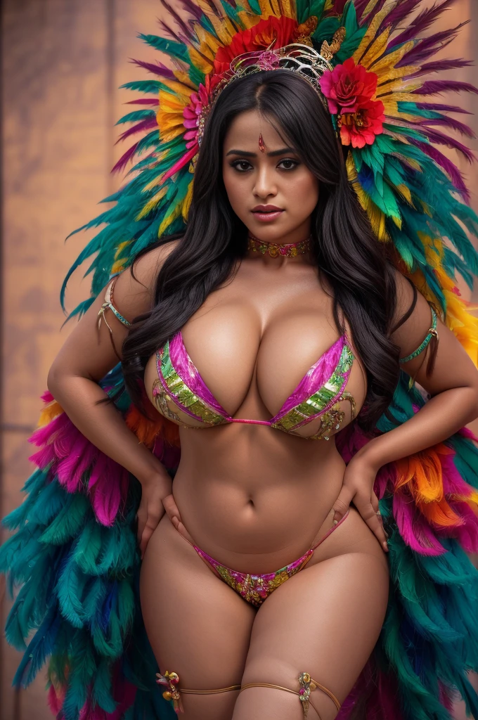 Nsfw, close up photo of happy naked Mahie gill, walking on fashion show runway, day scene, hourglass figure, seductive face, look at camera and seduce, erotic adult face, 35 yo BZCCostume, (Colorfull:1.4), deep shadow, (Carnival Streets background:1.3), (coffeti in the scene:1.3), award winning photo, extremely detailed, amazing, fine detail, absurdres, highly detailed woman, glitter skin tone, extremely detailed eyes and face, piercing crimsone red eyes, thick body, twintails, bangs, frills,wearing an extremely detailed BZCCostume in Green colors texture, with an headdress of Marijuana on head, Carnival wings on back body brown hair tipped colors, secy, exotics, erotic, ((big breast)), by lee jeffries nikon d850 film stock photograph 4 kodak portra 400 camera f1.6 lens rich colors hyper realistic lifelike texture dramatic lighting unrealengine trending on artstation cinestill 800 tungsten,